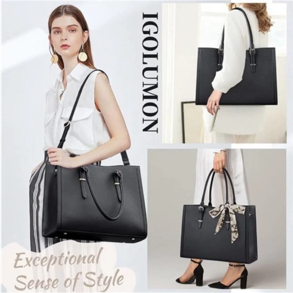Laptop Bag for Women 15.6 inch Waterproof Laptop Tote Work Bag Leather Bag Black